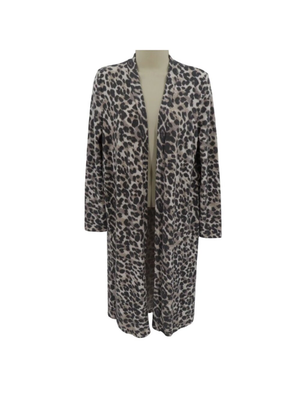 GUESS Womens Small Gray Fuzzy Leopard Animal Print Long Sleeve Open Front Duster